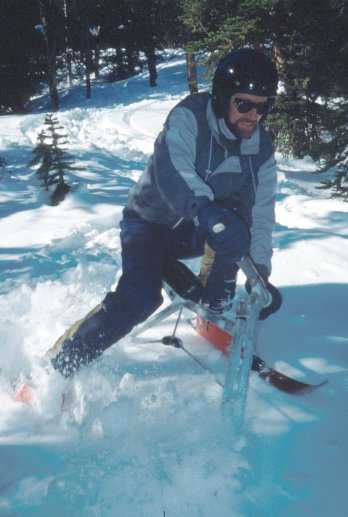 Ian Watson cutting hard through the Lynx trees. <br />Lake Louise, Alberta. April, 1989.
