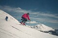 Ian Watson launching over a cat track, Lake Louise, Alberta. <br />Photo by Doug Ritchie. April, 1991.