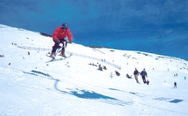 Ian Watson catching a little more air. Lake Louise, Alberta. <br />Photo by Doug Ritchie. April, 1991.