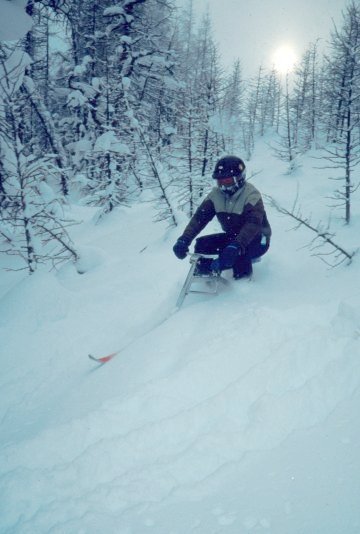 Doug Ritchie cruising the trees on a cold day.<br />Lake Louise, 1990.