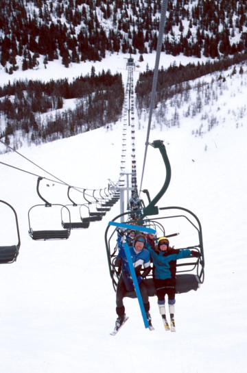 It's a long way down! Kevan and Alexis. <br />Lake Louise, Alberta. April, 2002.