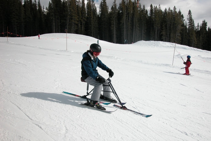 Sarah on her first day skibiking! Lake Louise, Alberta. April, 2003.